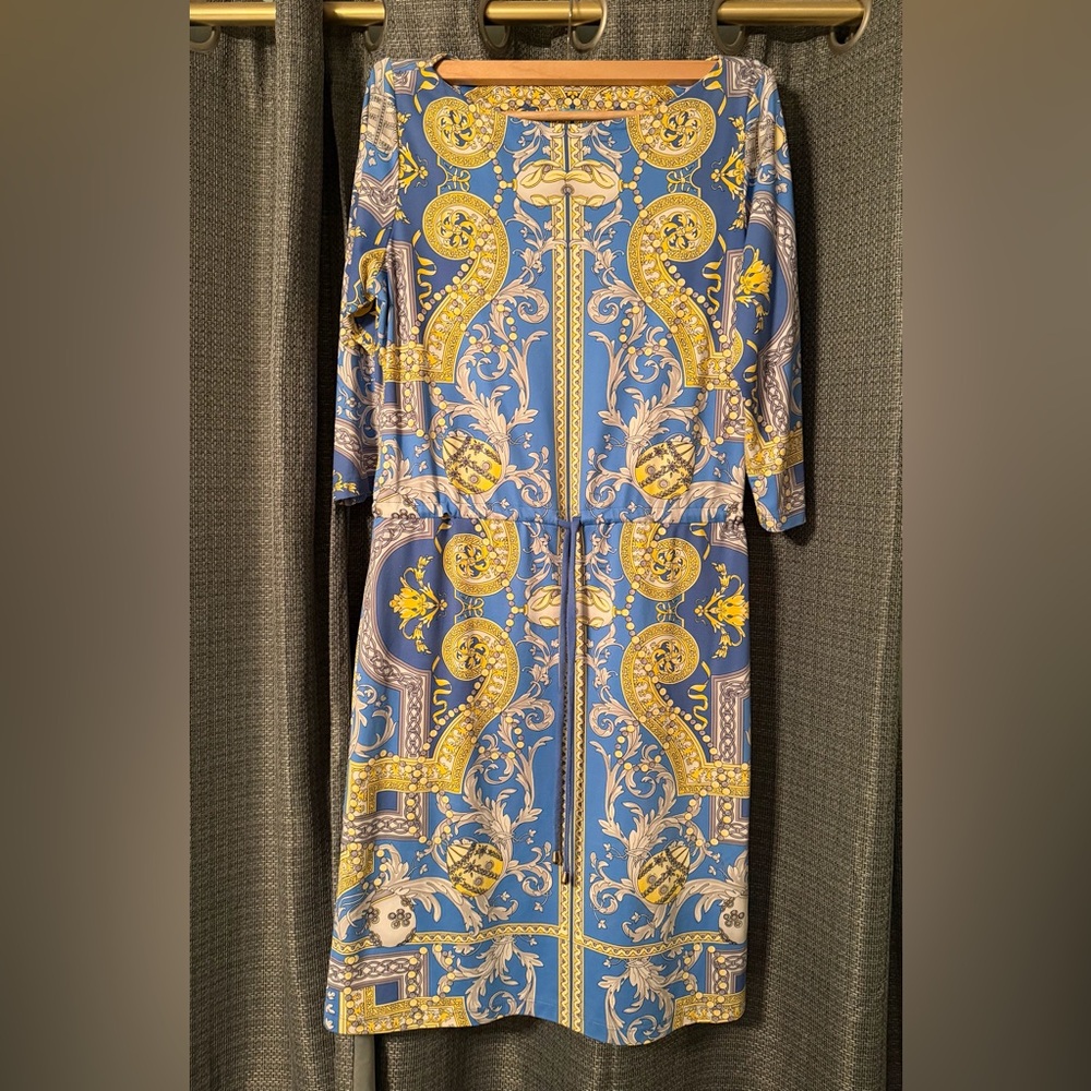 J. McLaughlin Blue and Gold Baroque Print Long Sleeve Dress